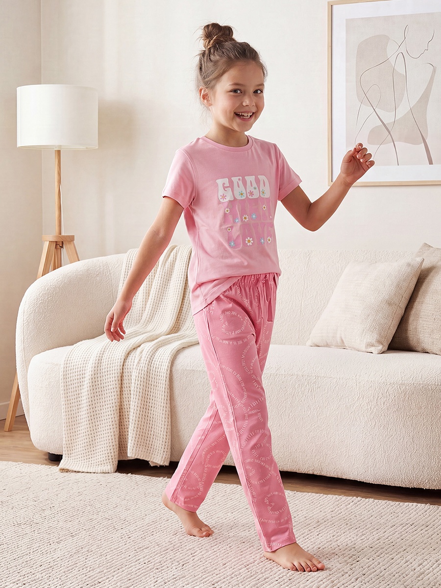 Cotton Crew Neck Short Sleeves Pyjama Set with Print