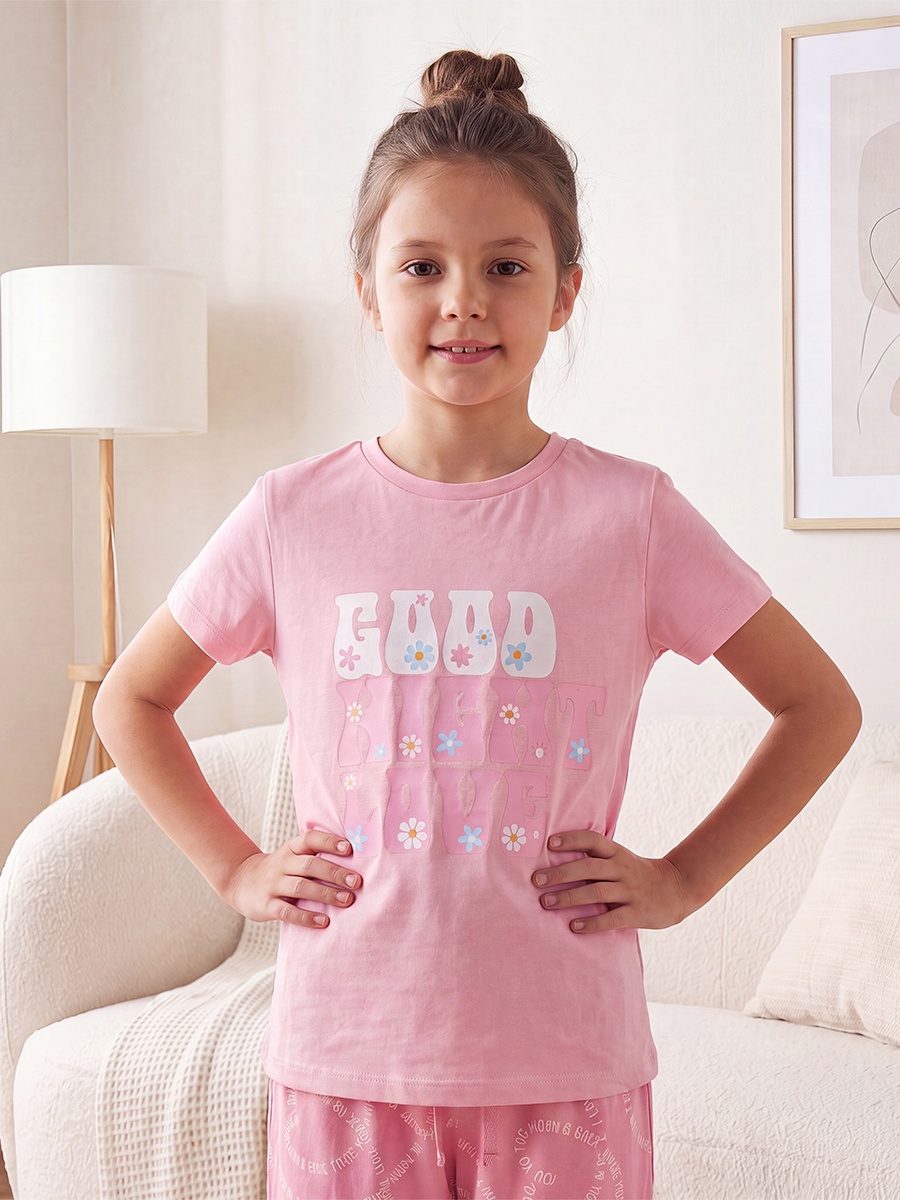 Cotton Crew Neck Short Sleeves Pyjama Set with Print