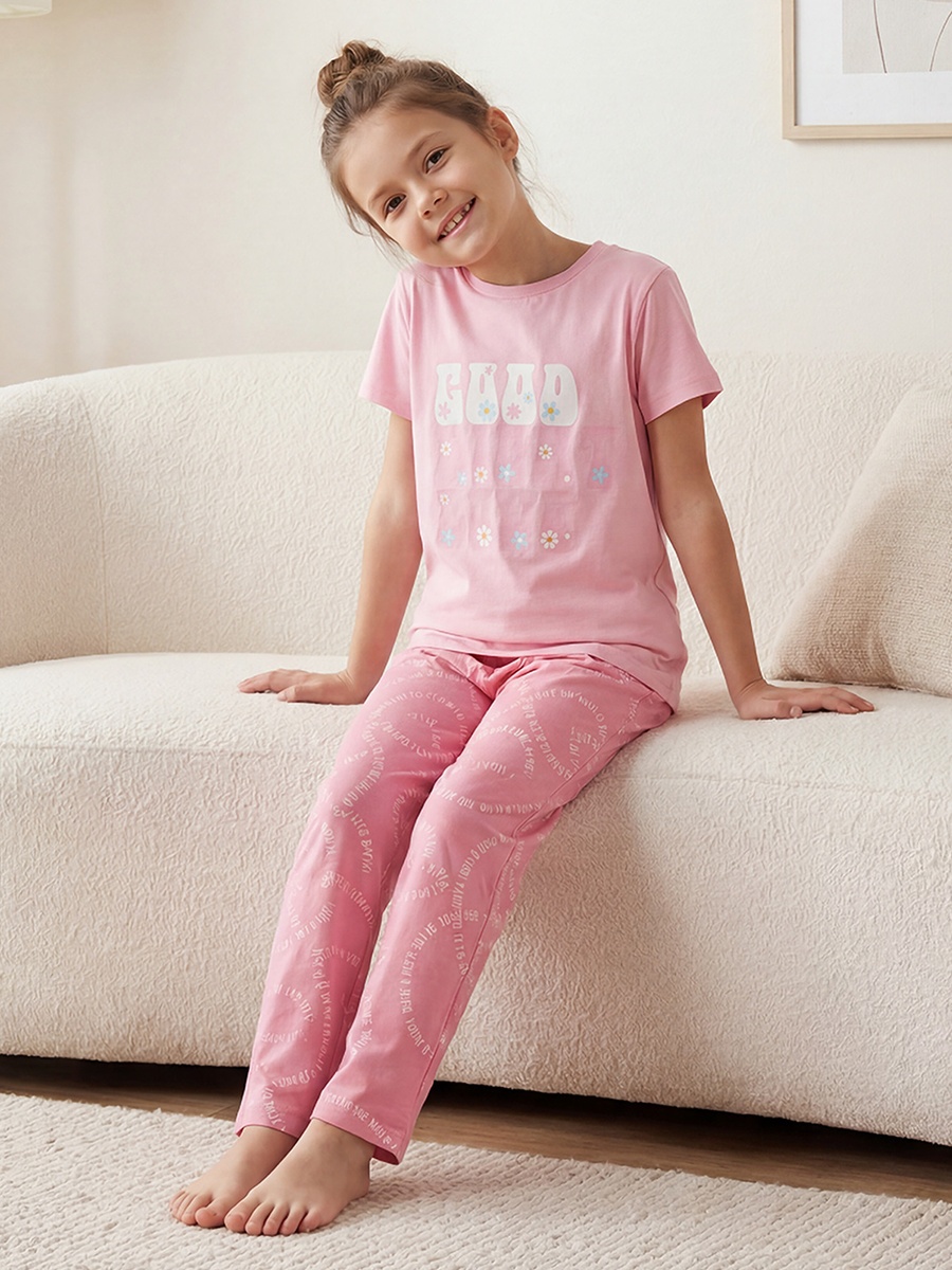 Cotton Crew Neck Short Sleeves Pyjama Set with Print