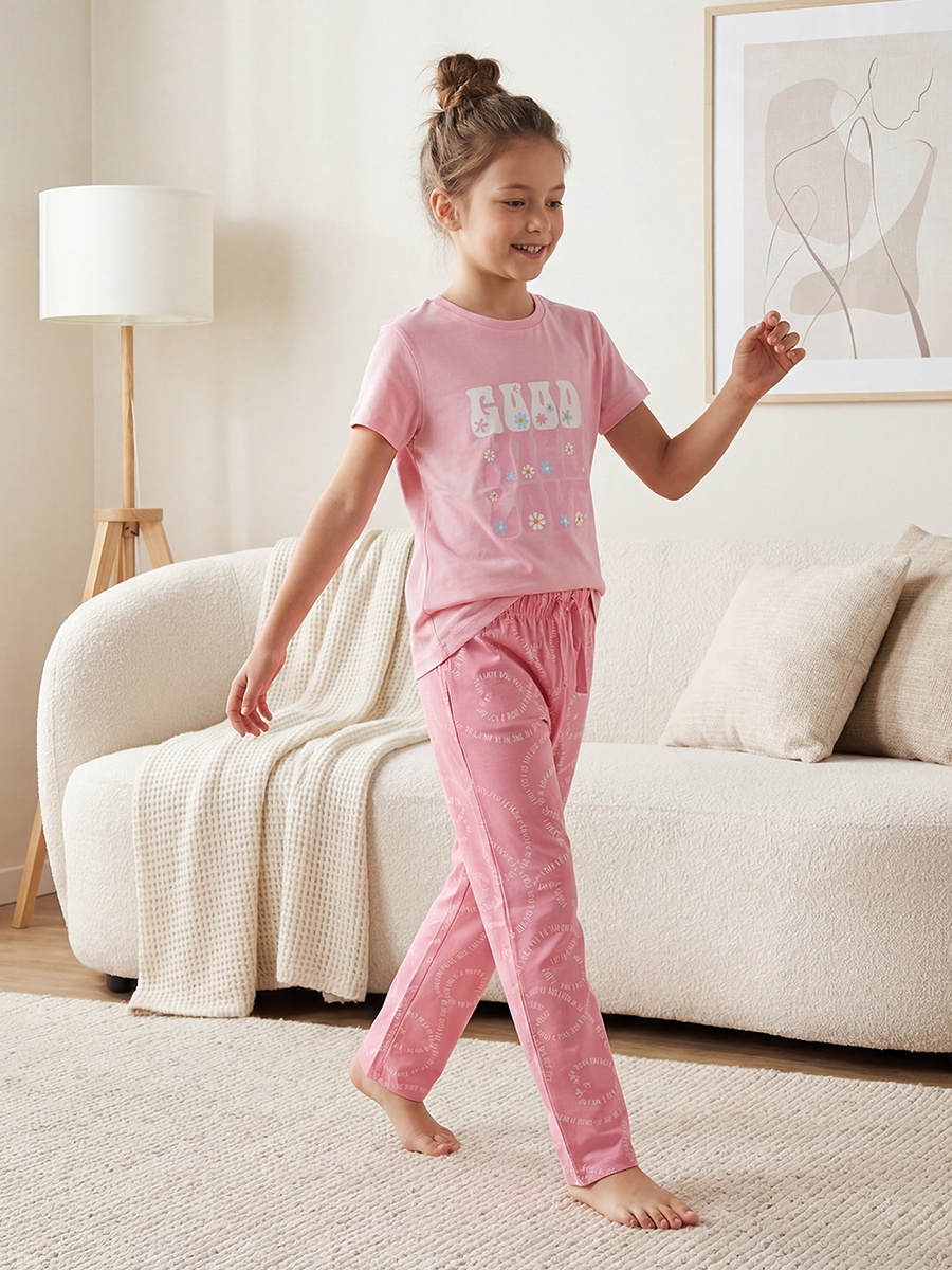 Cotton Crew Neck Short Sleeves Pyjama Set with Print