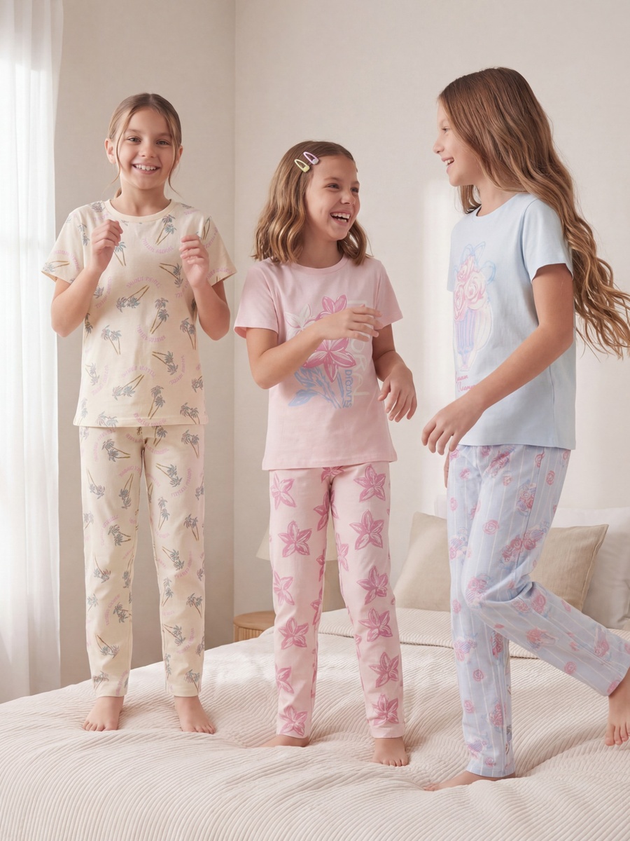 Pack of 3 Cotton Crew Neck Short Sleeves Pyjama Set with Floral Print