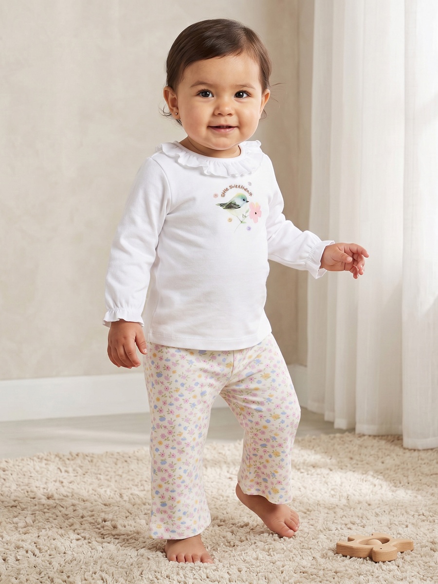 Cotton Crew Neck Long Sleeves Pyjama Set with Floral Print