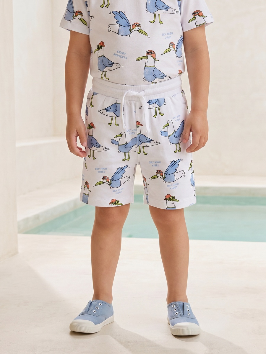 Knee Length Elasticated Drawstring Waist Shorts with Seagull Print