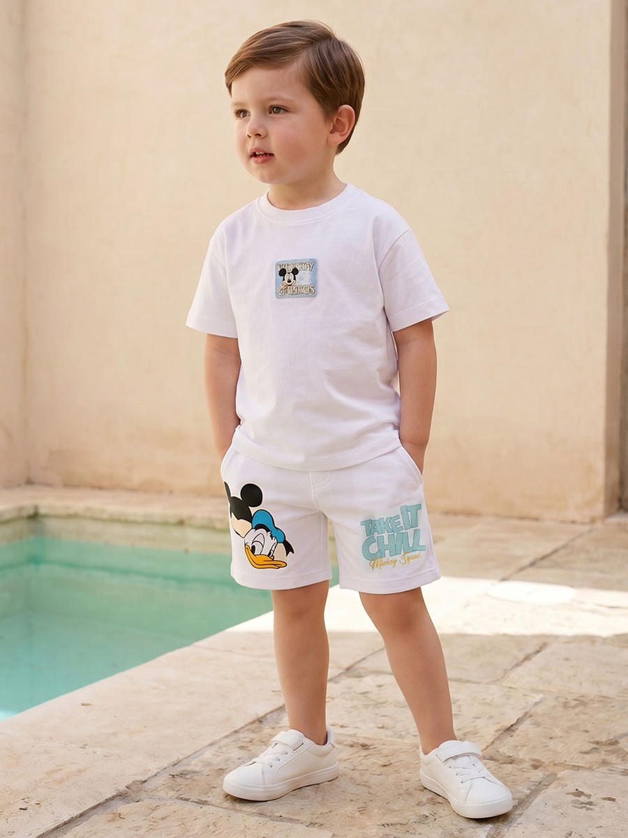 Knee Length Elasticated Drawstring Waist Shorts with Mickey Mouse Print