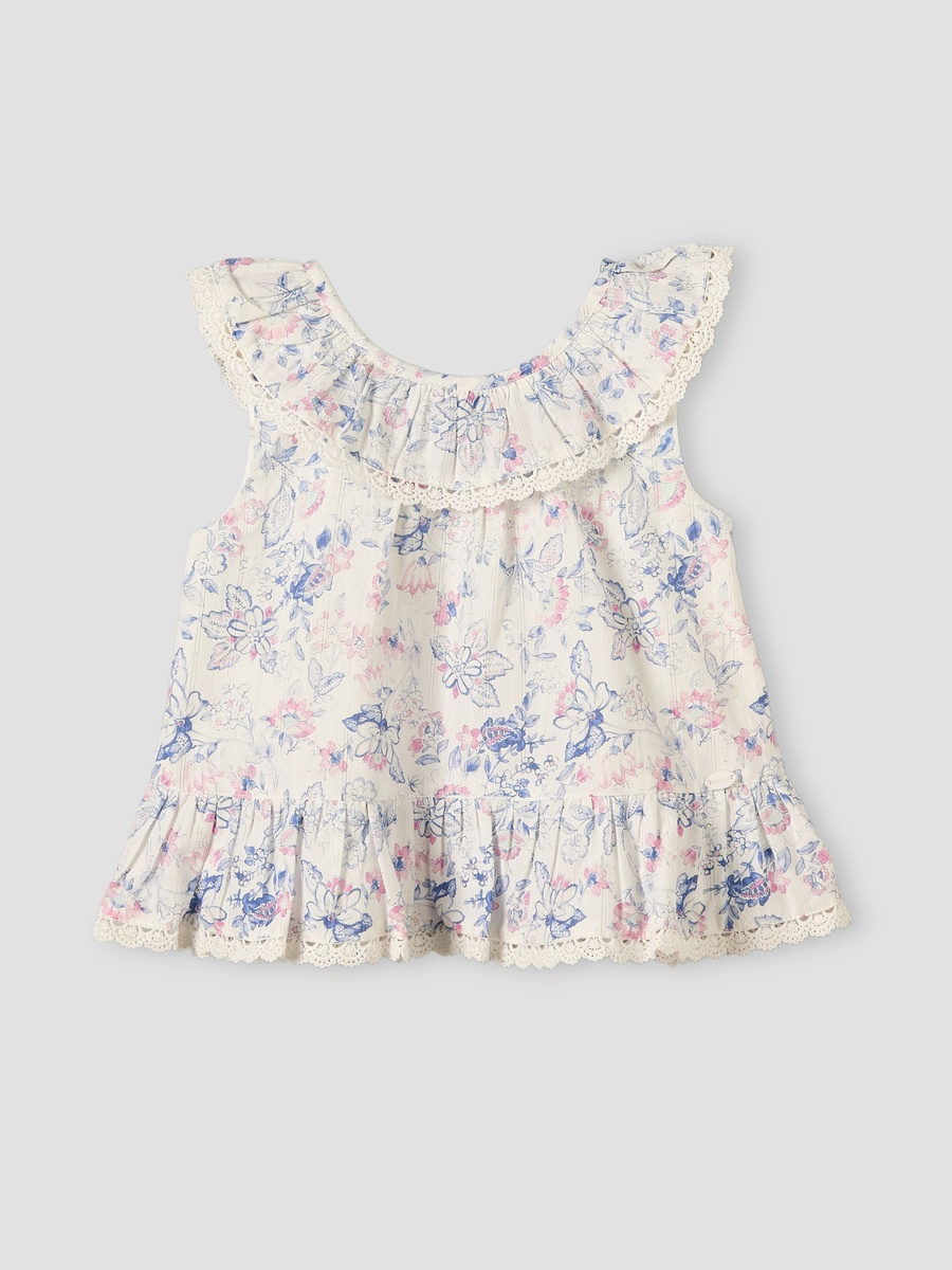 Ruffled Collar Sleeveless Top with Floral Print