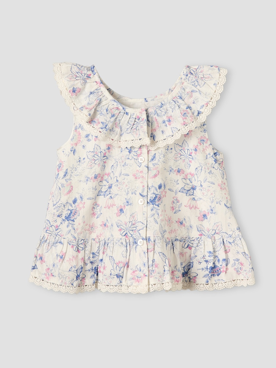 Ruffled Collar Sleeveless Top with Floral Print