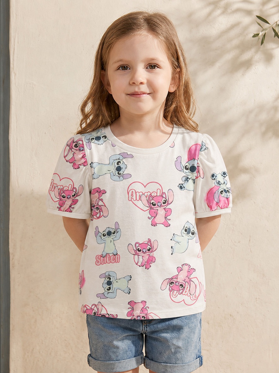 Pack of 2 Crew Neck Short Sleeves T-Shirt with Stitch and Angel Print