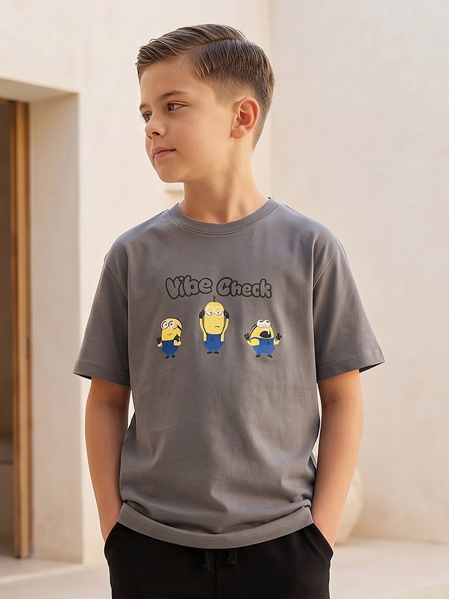 Crew Neck Short Sleeves T-Shirt with Minions Print