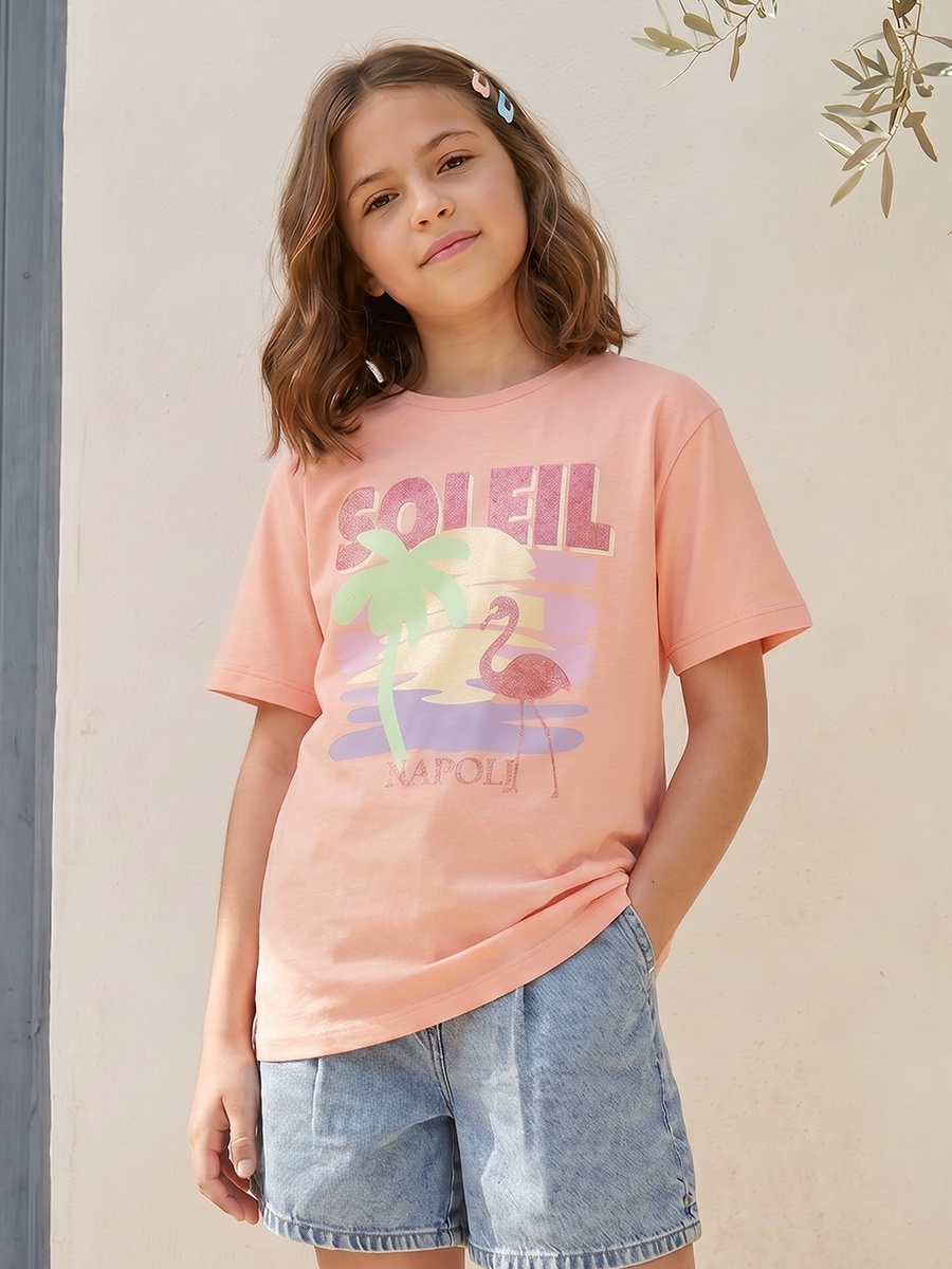 Crew Neck Short Sleeves T-Shirt with Flamingo Print