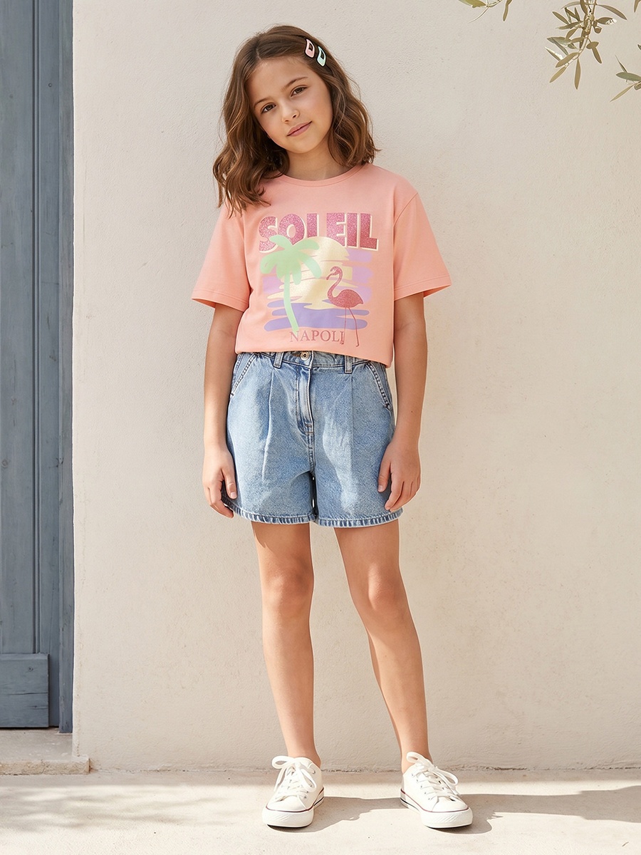 Crew Neck Short Sleeves T-Shirt with Flamingo Print