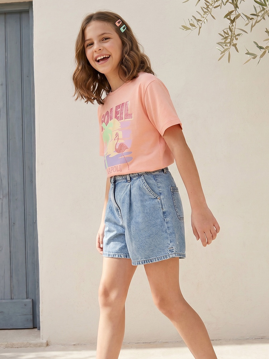 Crew Neck Short Sleeves T-Shirt with Flamingo Print