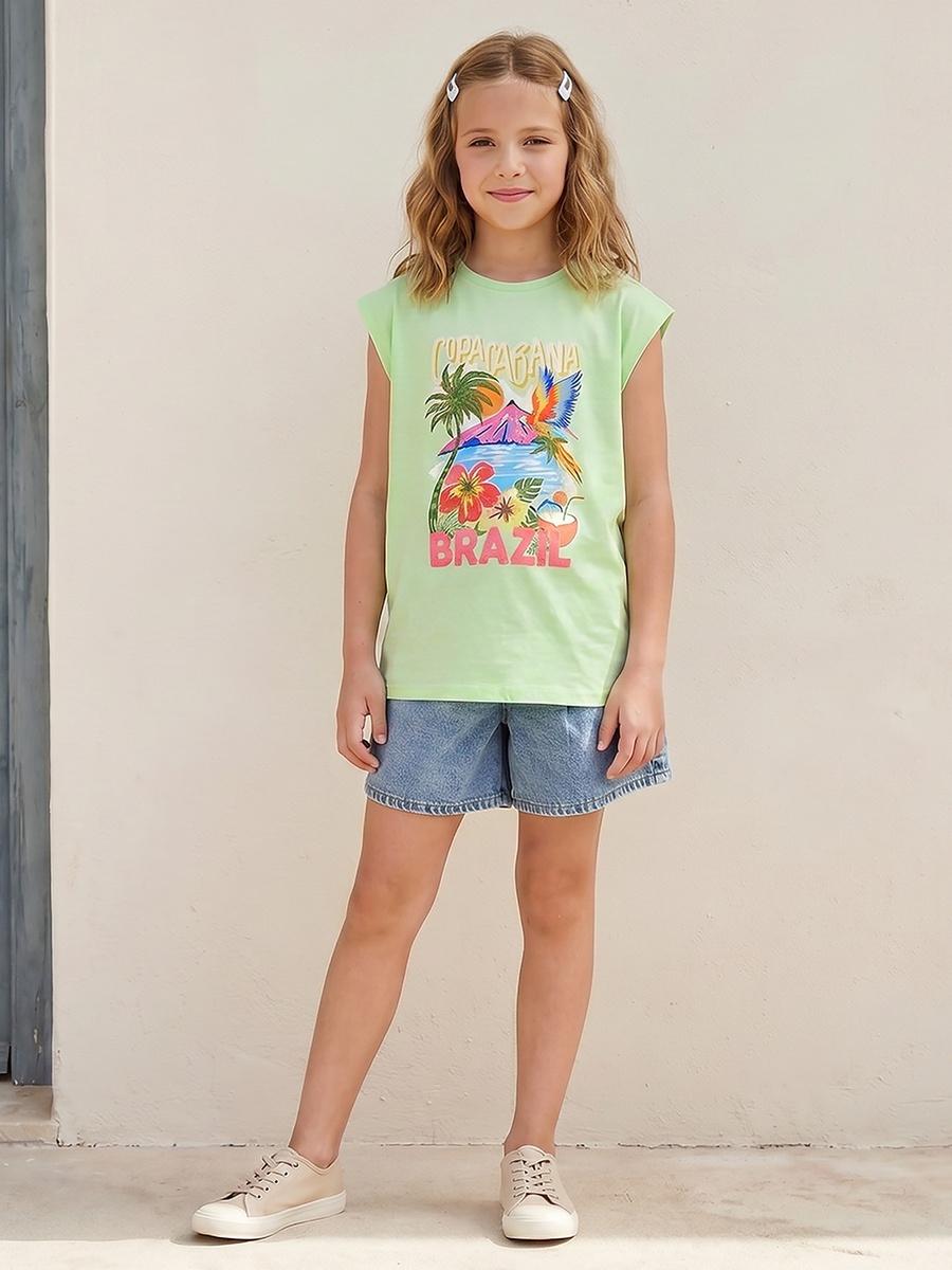 Crew Neck Sleeveless T-Shirt with Tropical Print