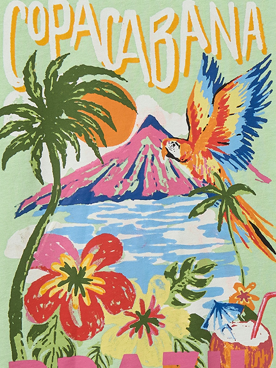 Crew Neck Sleeveless T-Shirt with Tropical Print