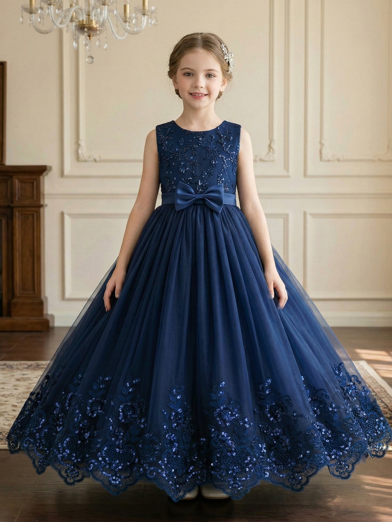 Dark Blue Embroidered Round Neck Fit and Flare Dress