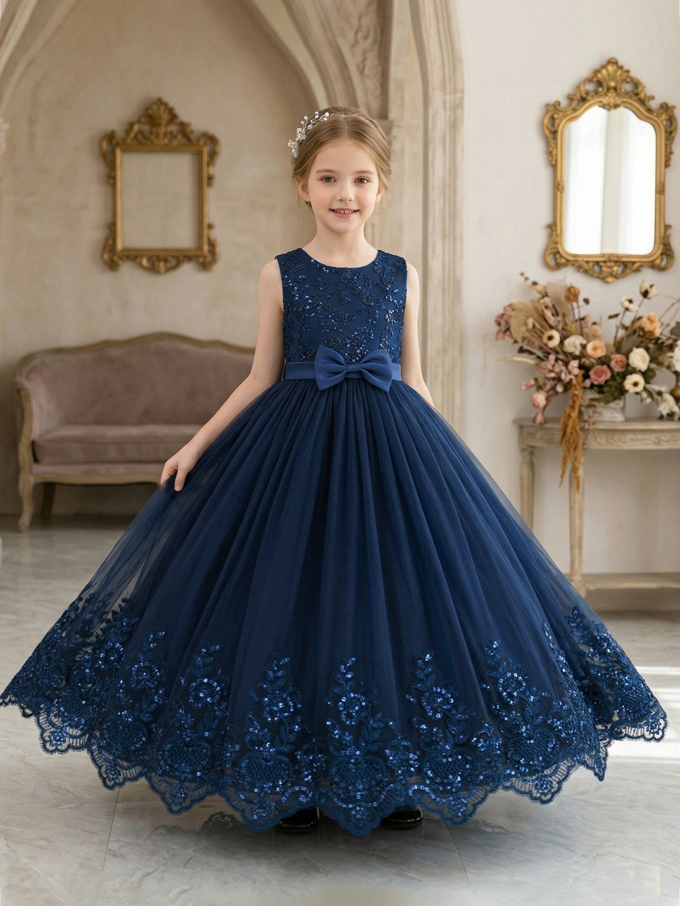 Dark Blue Embroidered Round Neck Fit and Flare Dress