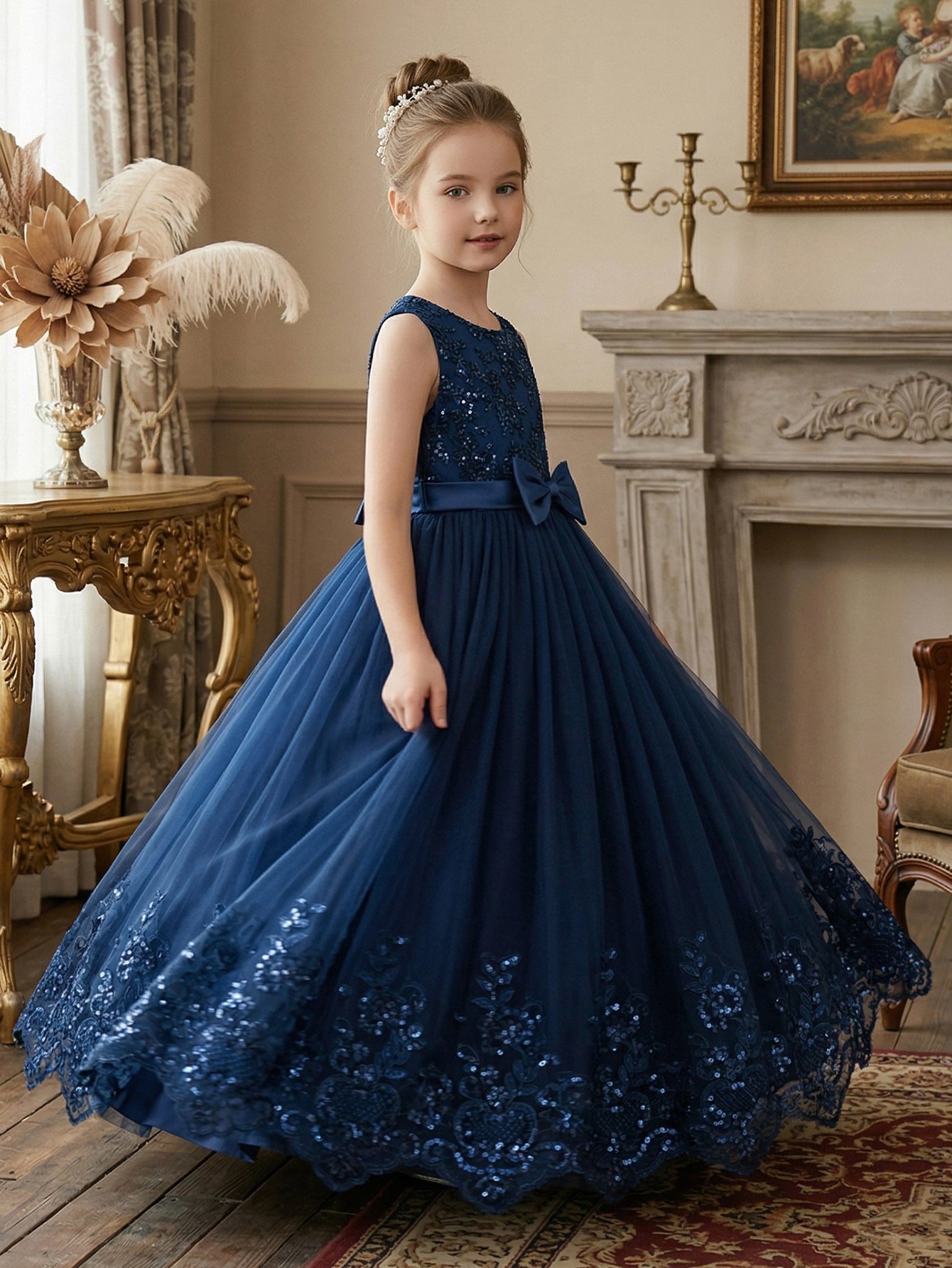 Dark Blue Embroidered Round Neck Fit and Flare Dress