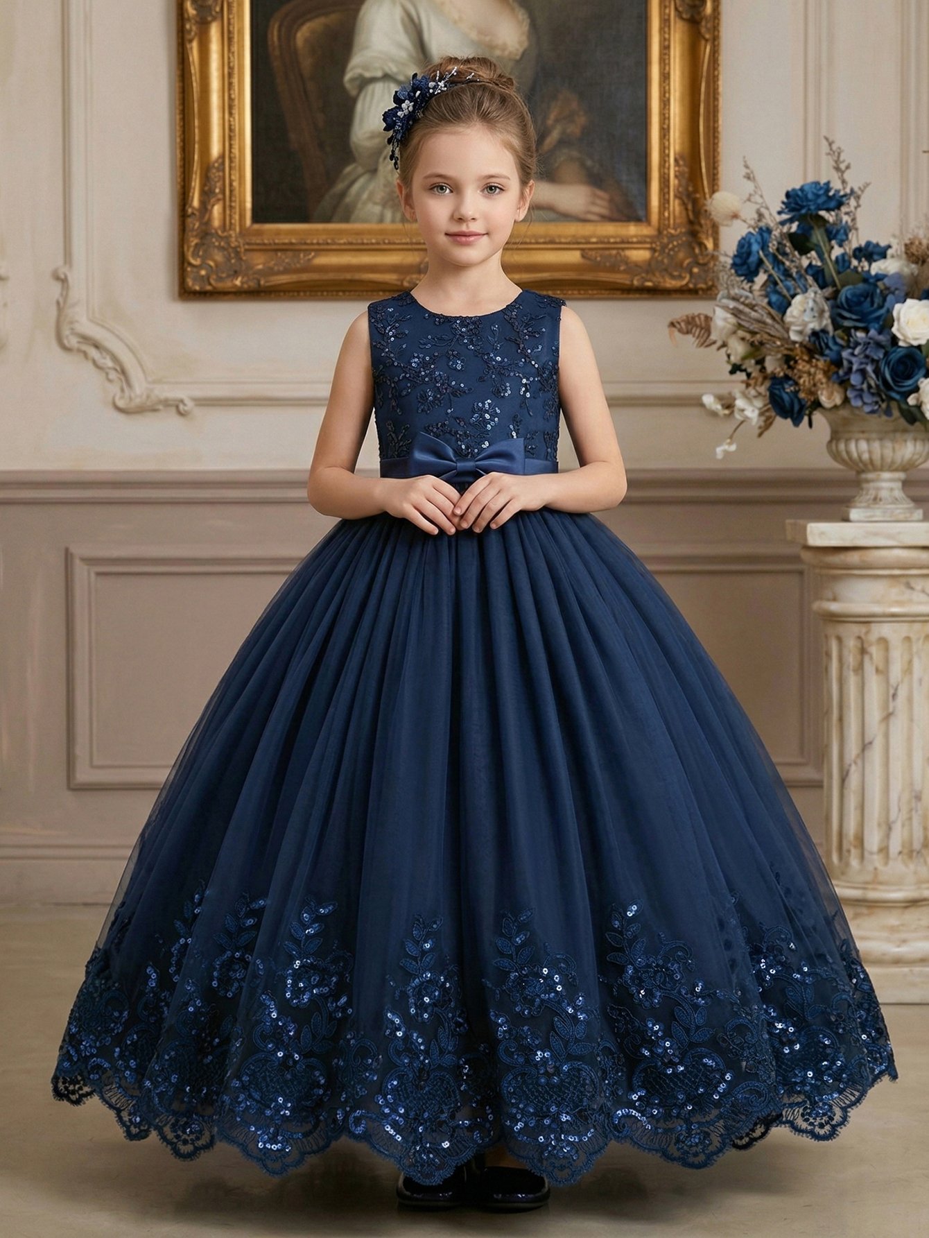 Dark Blue Embroidered Round Neck Fit and Flare Dress