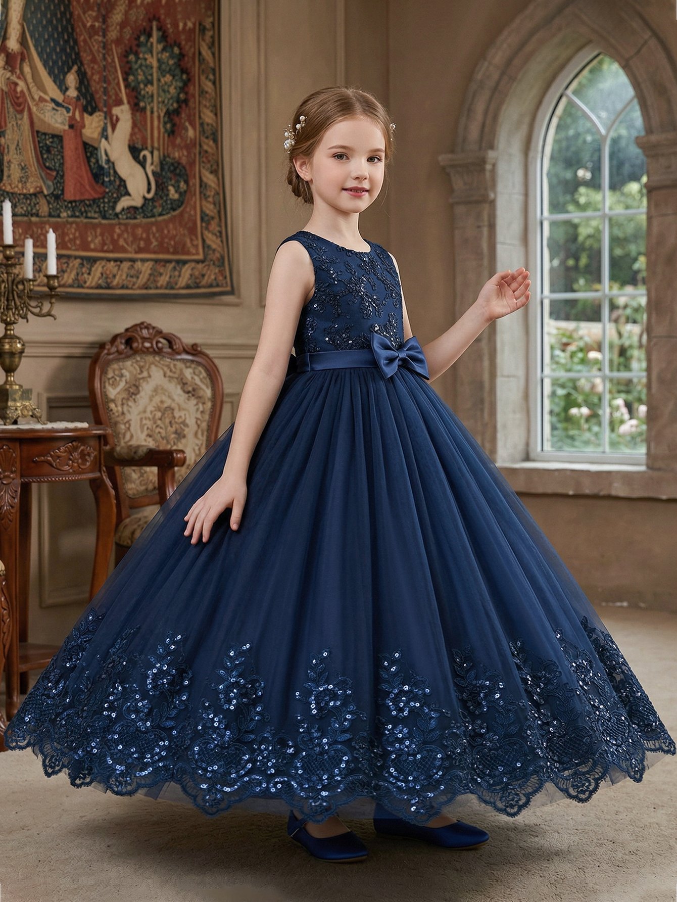 Dark Blue Embroidered Round Neck Fit and Flare Dress