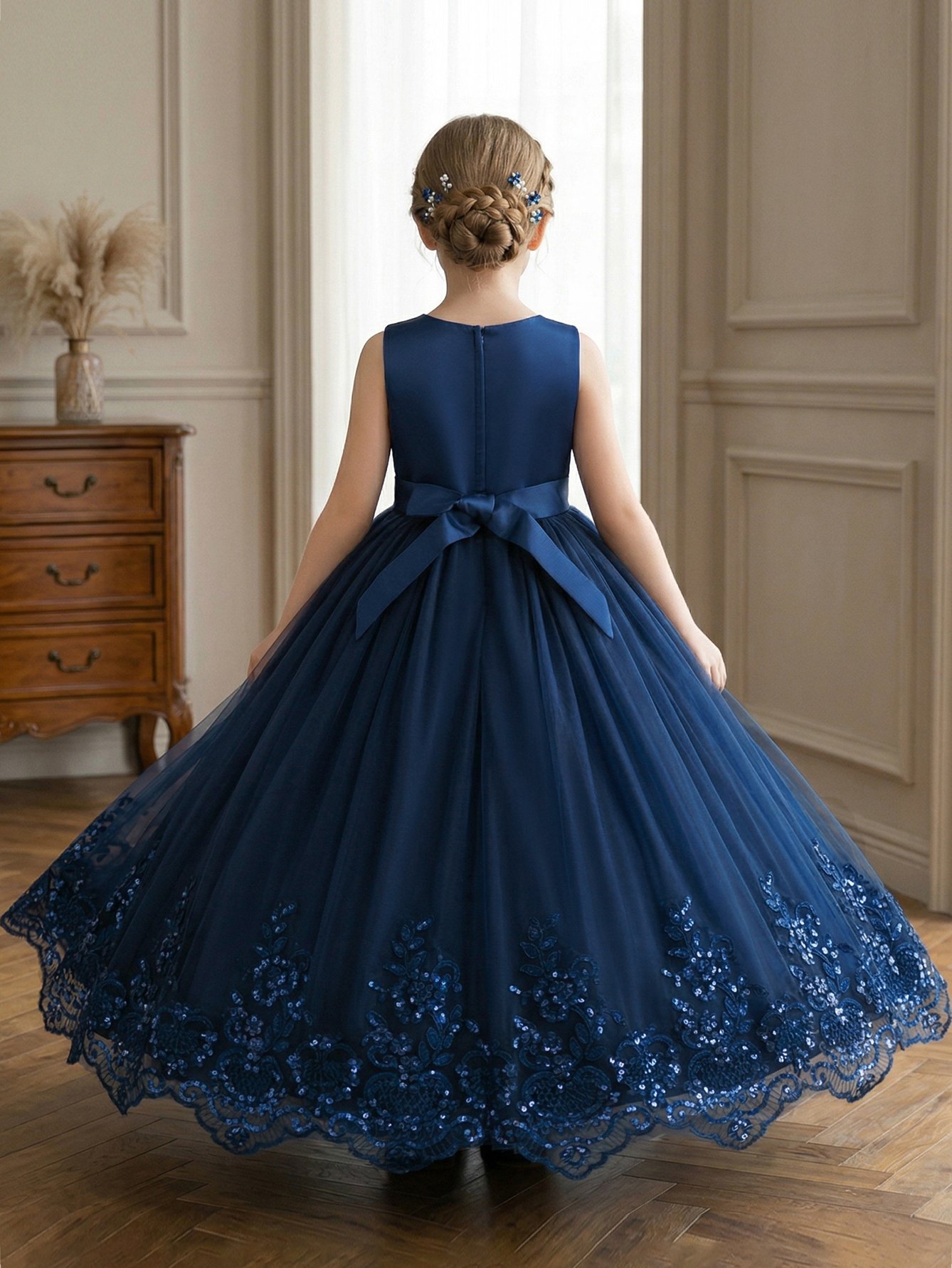 Dark Blue Embroidered Round Neck Fit and Flare Dress