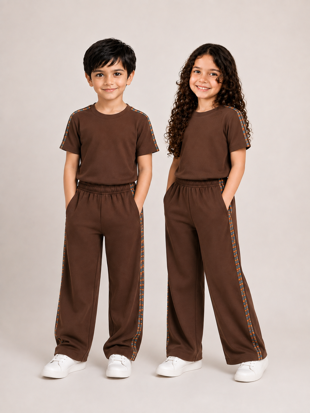Unisex Brown Cotton Co-ord Set with Side Stripe - T-Shirt and Wide-Leg Joggers