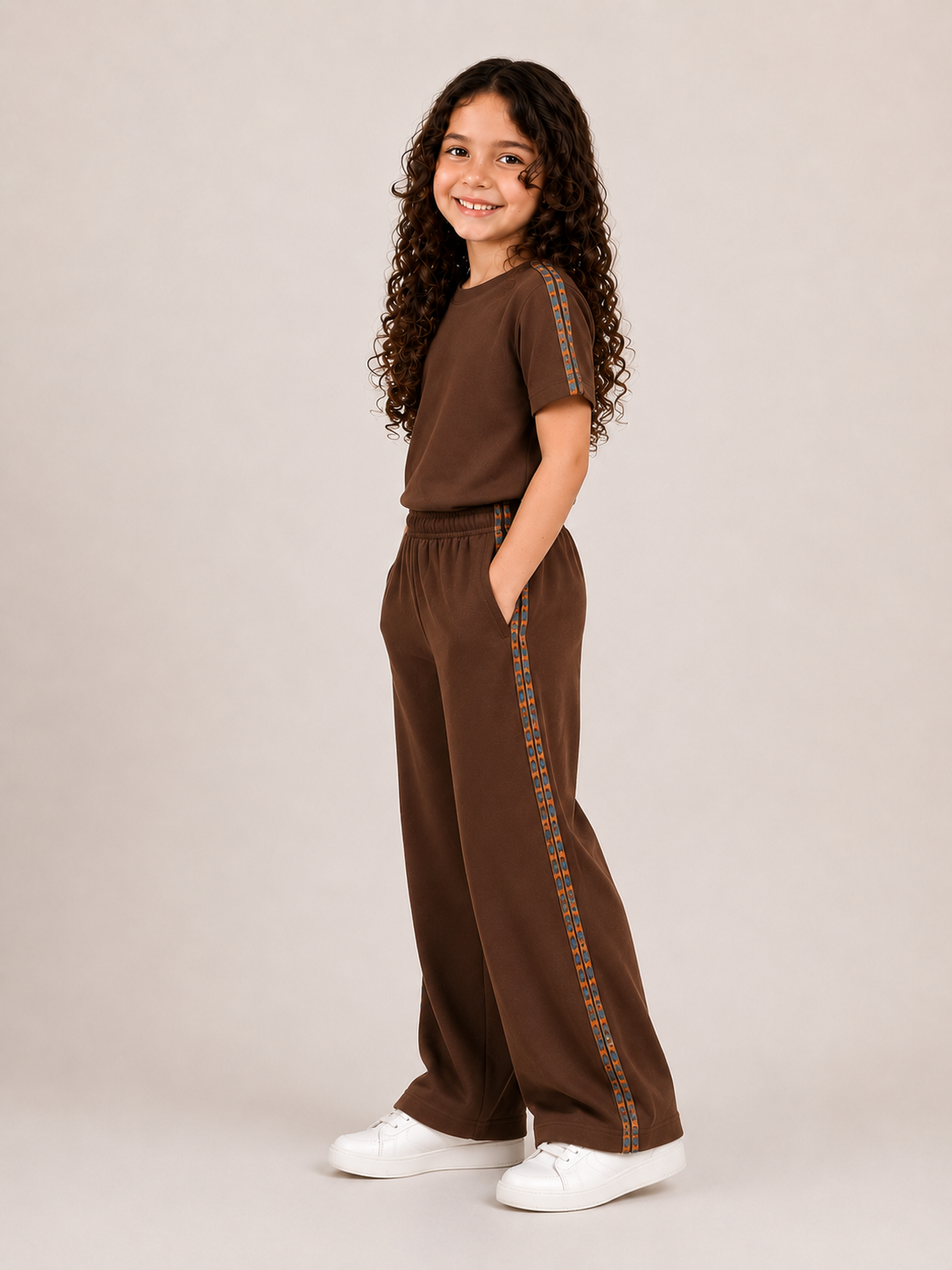 Unisex Brown Cotton Co-ord Set with Side Stripe - T-Shirt and Wide-Leg Joggers