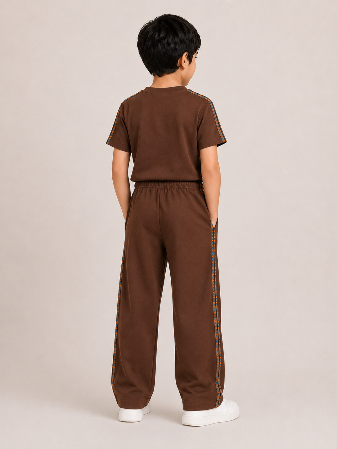 Unisex Brown Cotton Co-ord Set with Side Stripe - T-Shirt and Wide-Leg Joggers