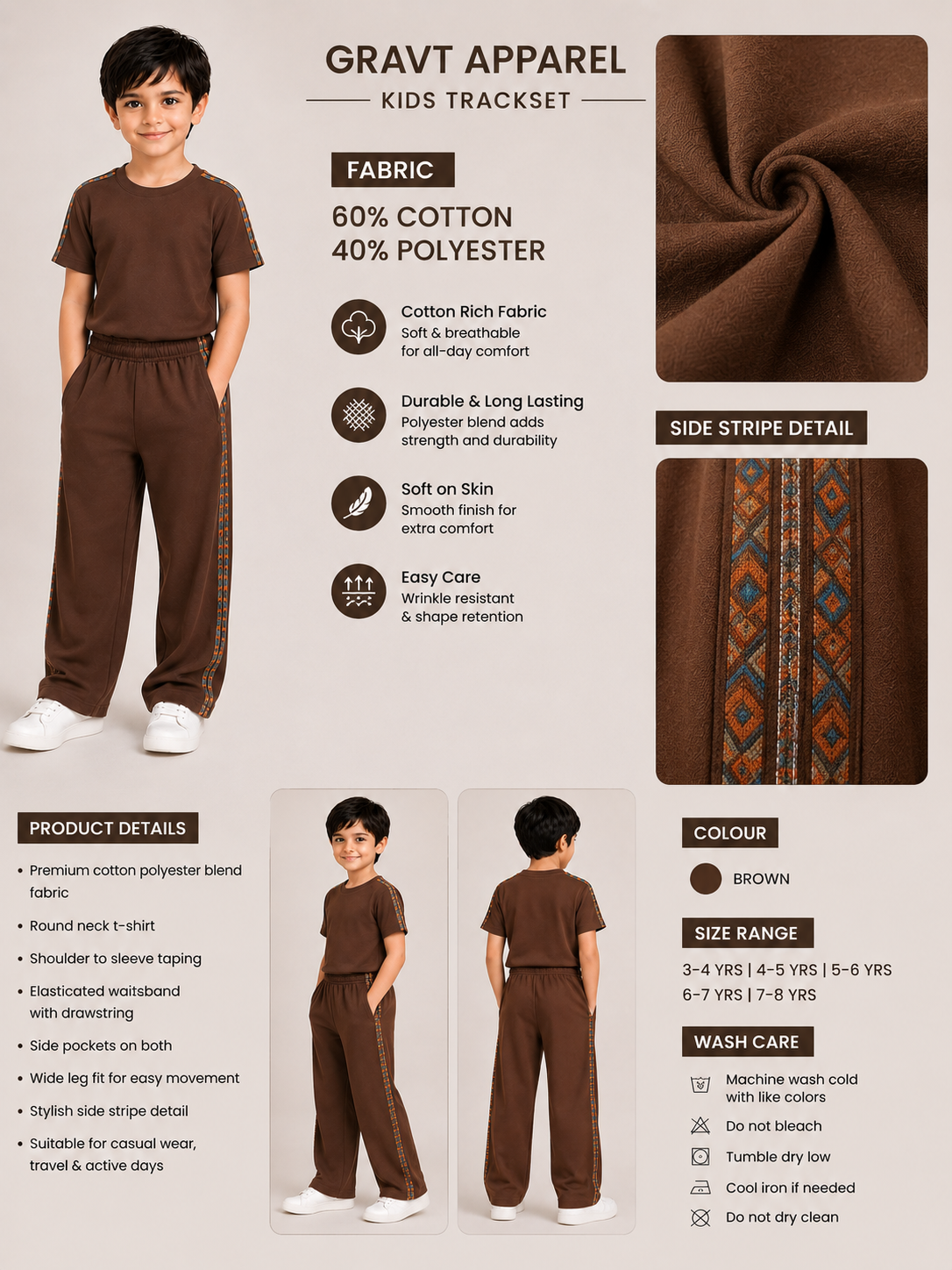 Unisex Brown Cotton Co-ord Set with Side Stripe - T-Shirt and Wide-Leg Joggers