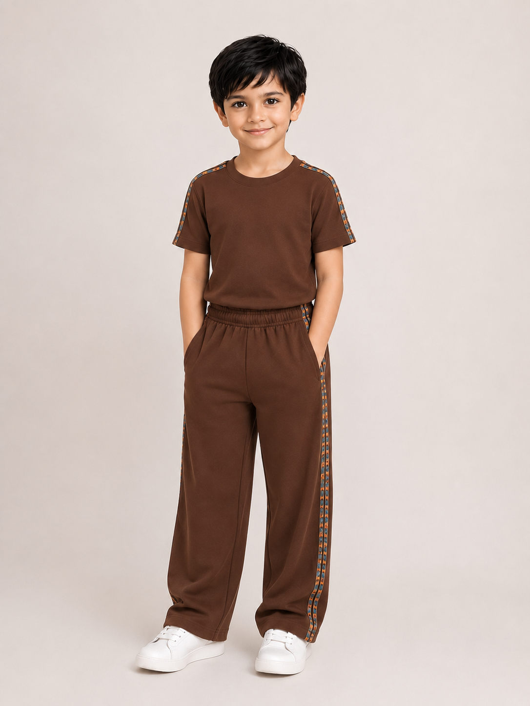 Unisex Brown Cotton Co-ord Set with Side Stripe - T-Shirt and Wide-Leg Joggers