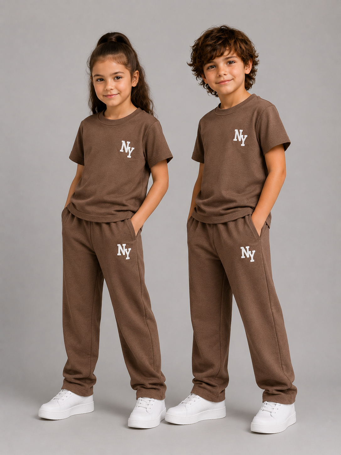 Unisex Brown Cotton NY T-Shirt and Jogger Set - Short Sleeve and Drawstring