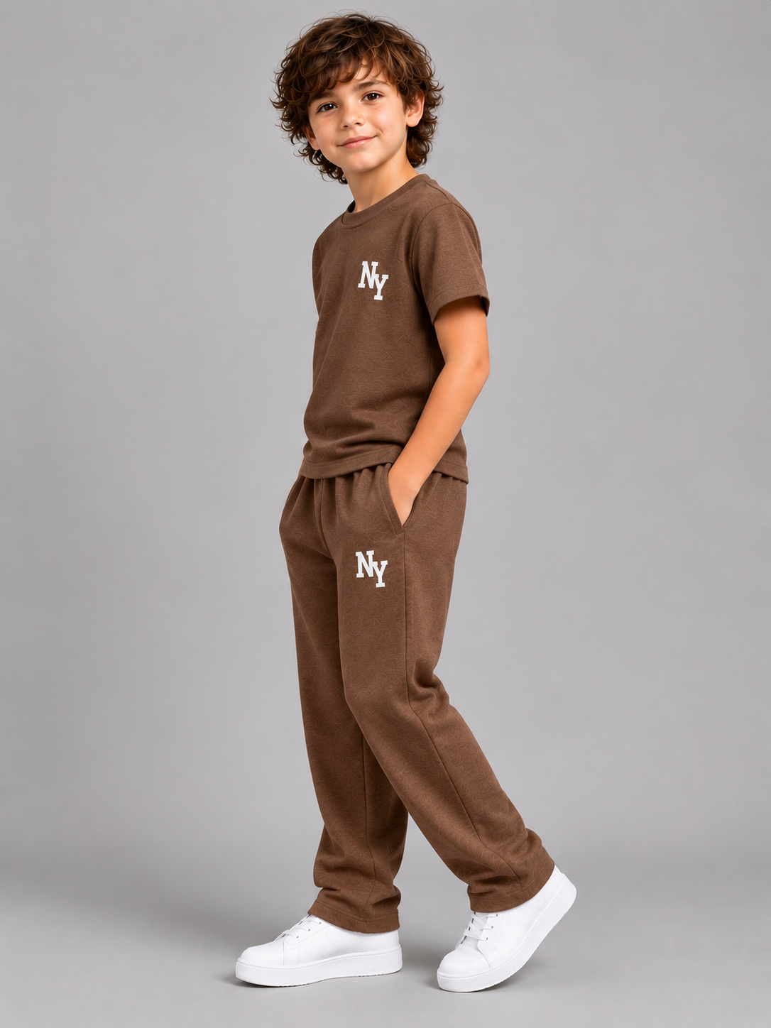 Unisex Brown Cotton NY T-Shirt and Jogger Set - Short Sleeve and Drawstring