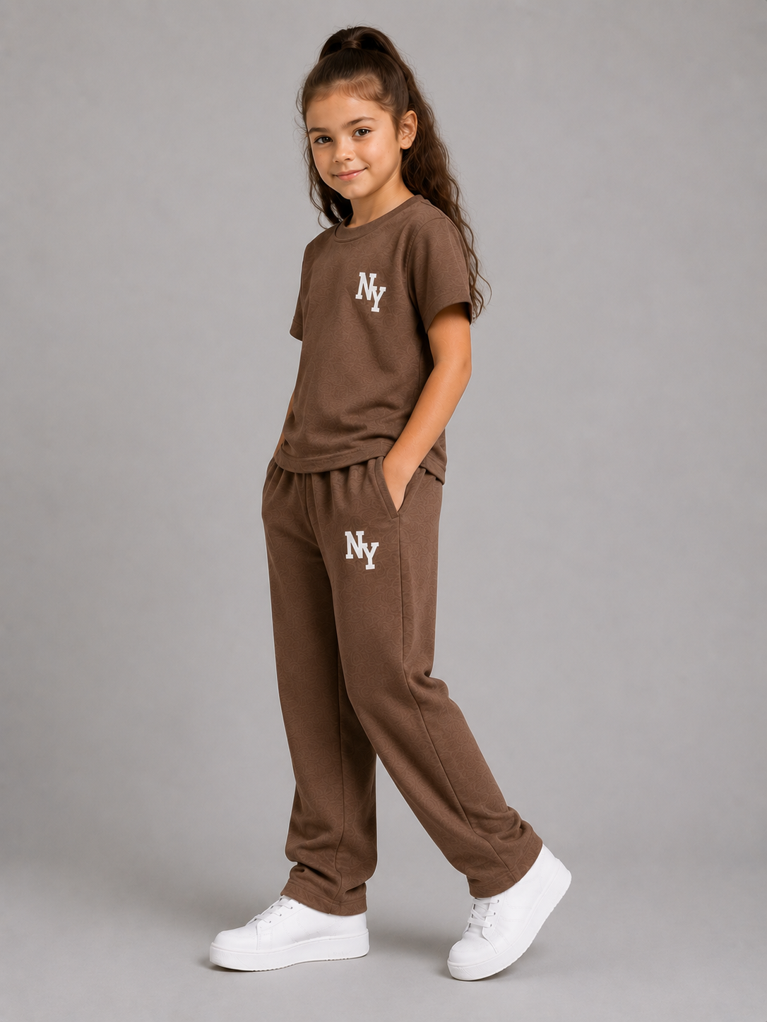 Unisex Brown Cotton NY T-Shirt and Jogger Set - Short Sleeve and Drawstring
