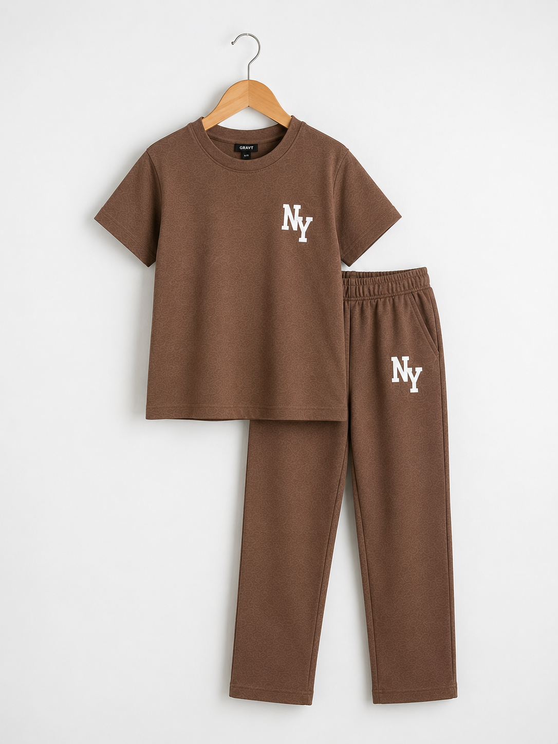 Unisex Brown Cotton NY T-Shirt and Jogger Set - Short Sleeve and Drawstring