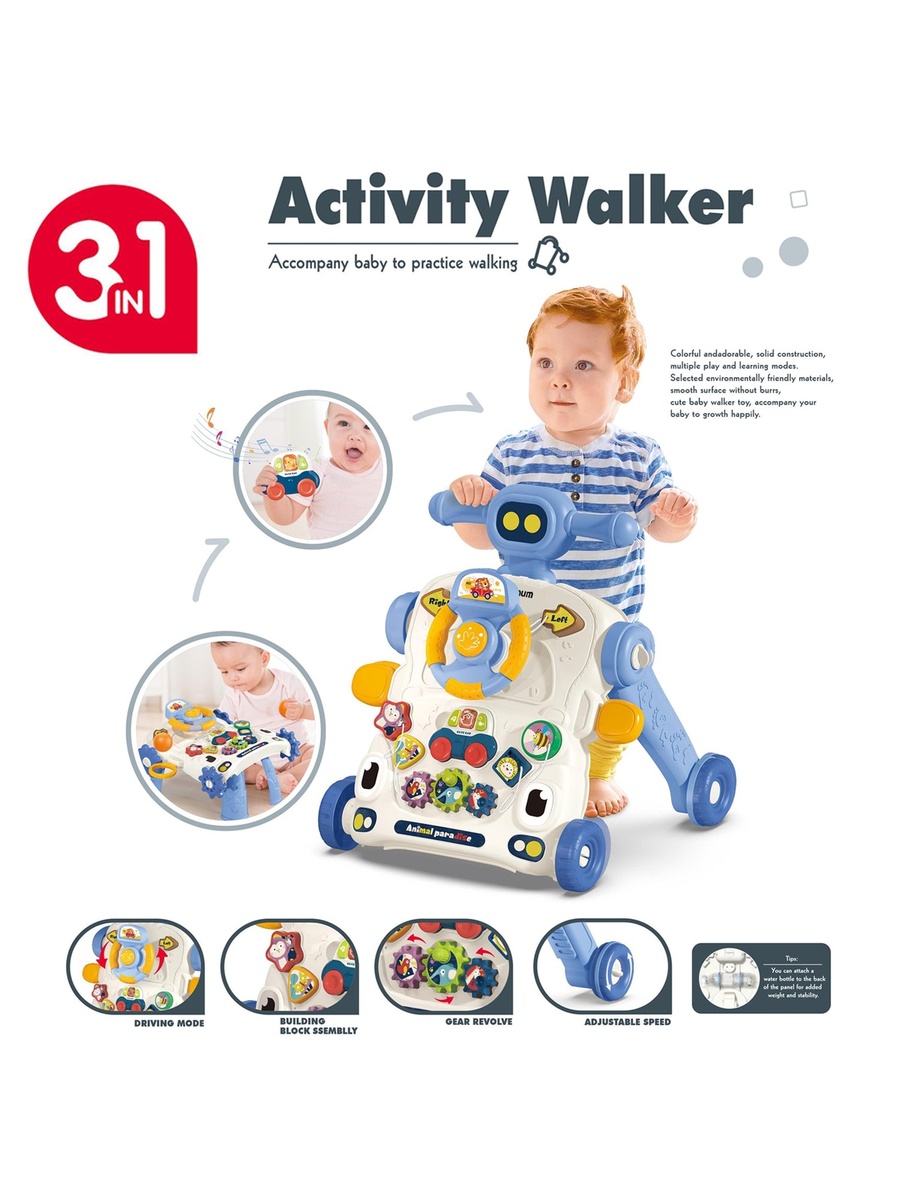 3-IN-1 Baby Walker/Learning Table Mode/Game Panel Mode with Musical Keyboard - Blue