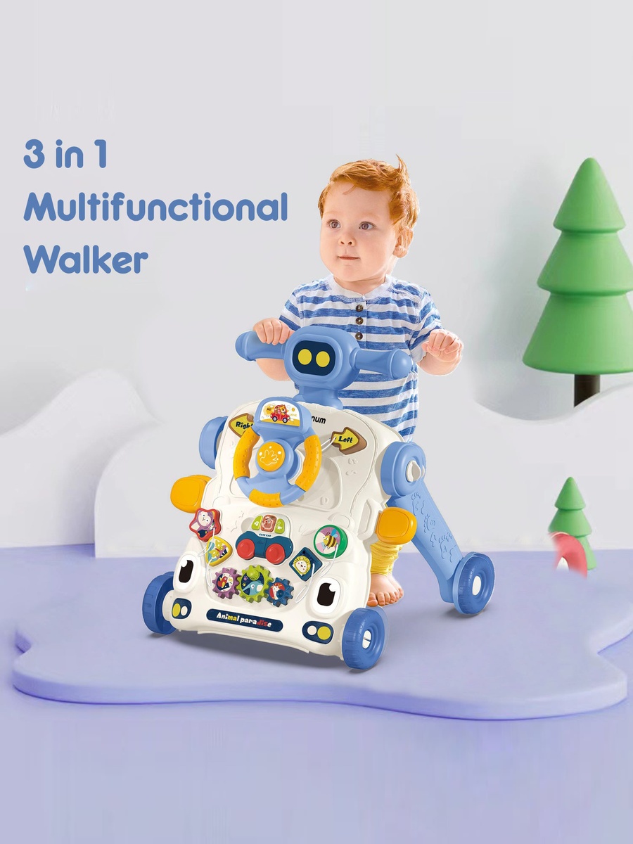 3-IN-1 Baby Walker/Learning Table Mode/Game Panel Mode with Musical Keyboard - Blue