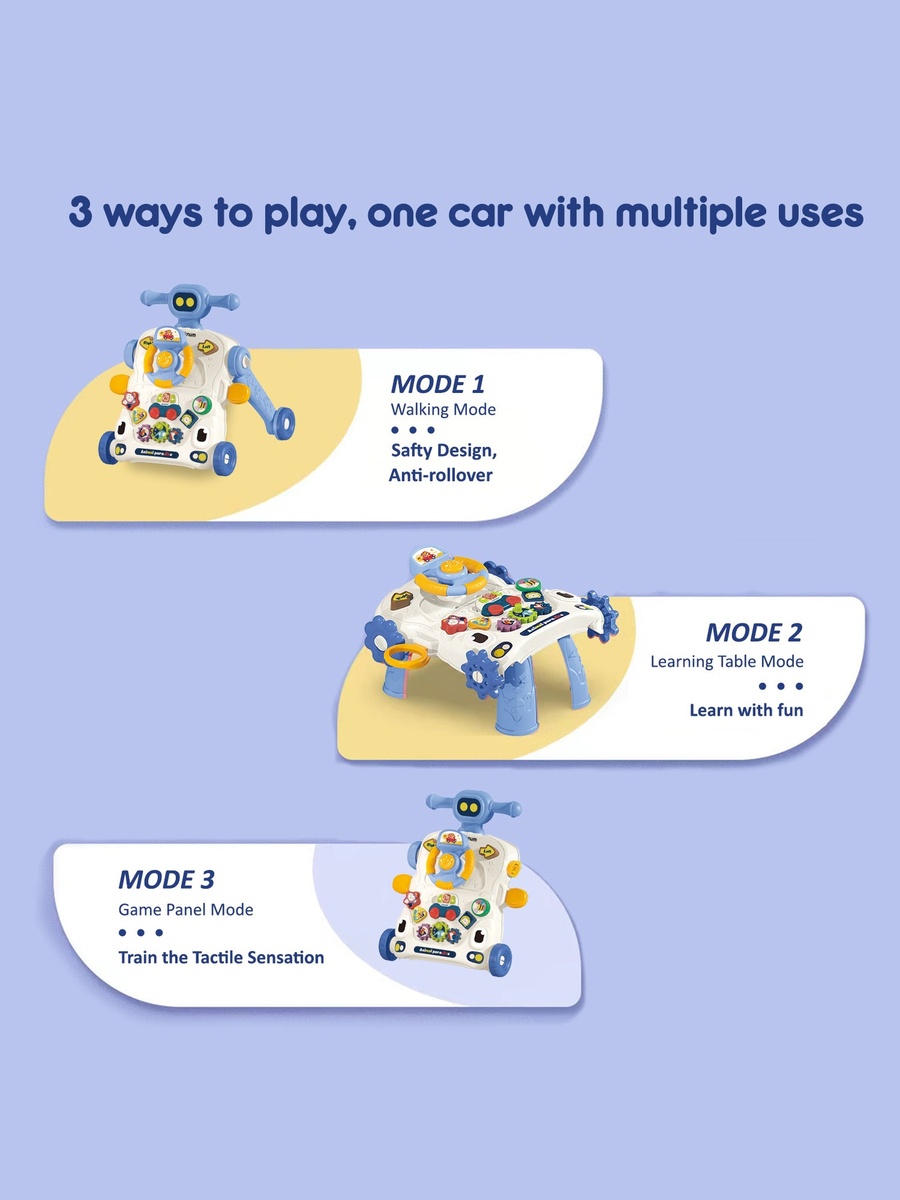 3-IN-1 Baby Walker/Learning Table Mode/Game Panel Mode with Musical Keyboard - Blue