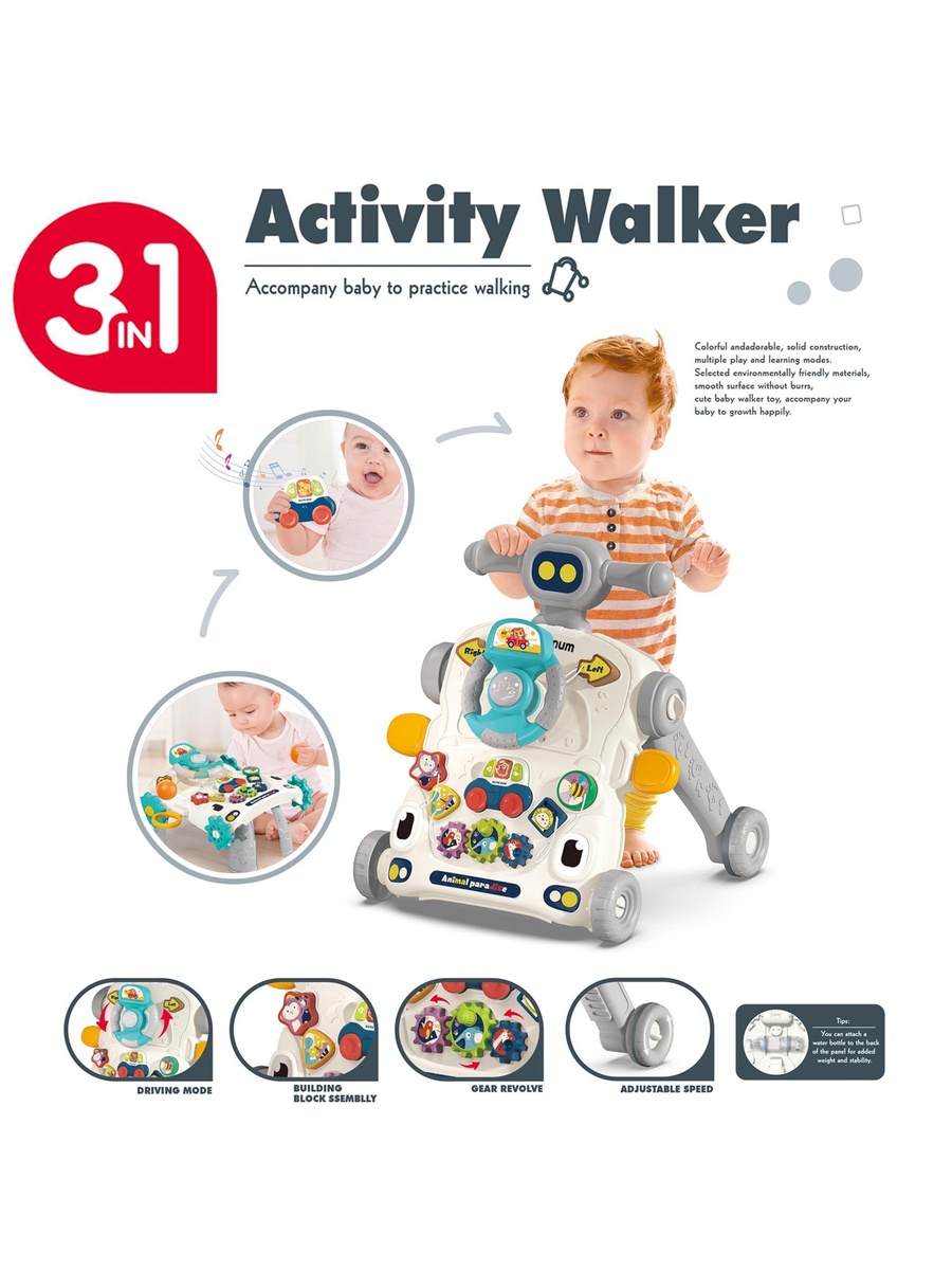 3-IN-1 Baby Walker/Learning Table Mode/Game Panel Mode with Musical Keyboard - Grey
