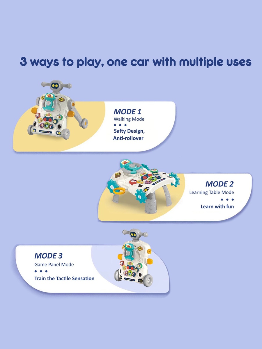 3-IN-1 Baby Walker/Learning Table Mode/Game Panel Mode with Musical Keyboard - Grey