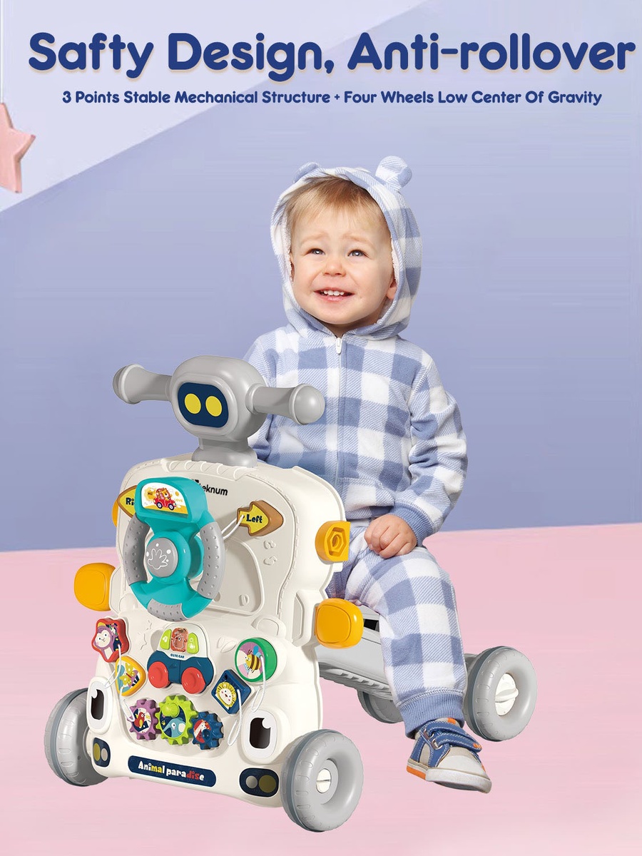 5-IN-1 Baby Walker/Learning Table Mode/Game Panel Mode/Scooter Mode/Roller Coaster Mode with Musical Keyboard - Grey