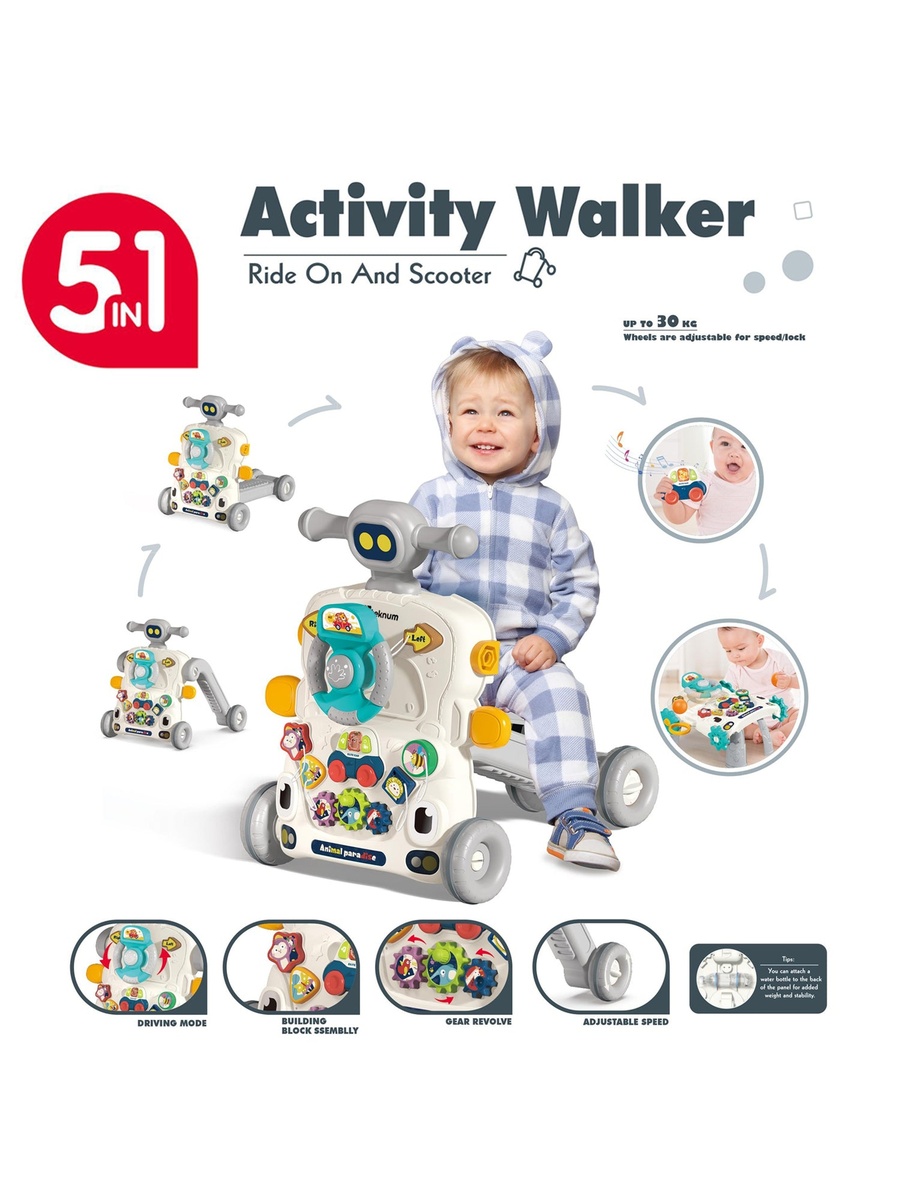 5-IN-1 Baby Walker/Learning Table Mode/Game Panel Mode/Scooter Mode/Roller Coaster Mode with Musical Keyboard - Grey
