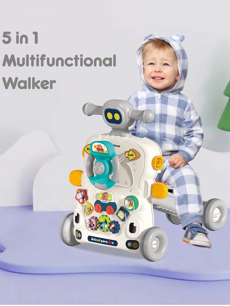5-IN-1 Baby Walker/Learning Table Mode/Game Panel Mode/Scooter Mode/Roller Coaster Mode with Musical Keyboard - Grey