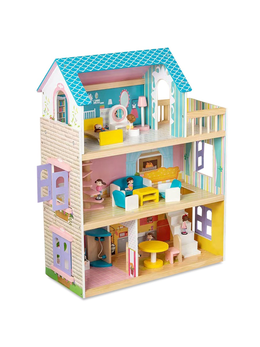 Wooden Dollhouse 3 Floors with Furniture and Accessories - Multicolor