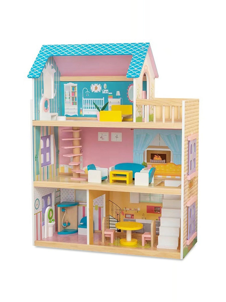 Wooden Dollhouse 3 Floors with Furniture and Accessories - Multicolor