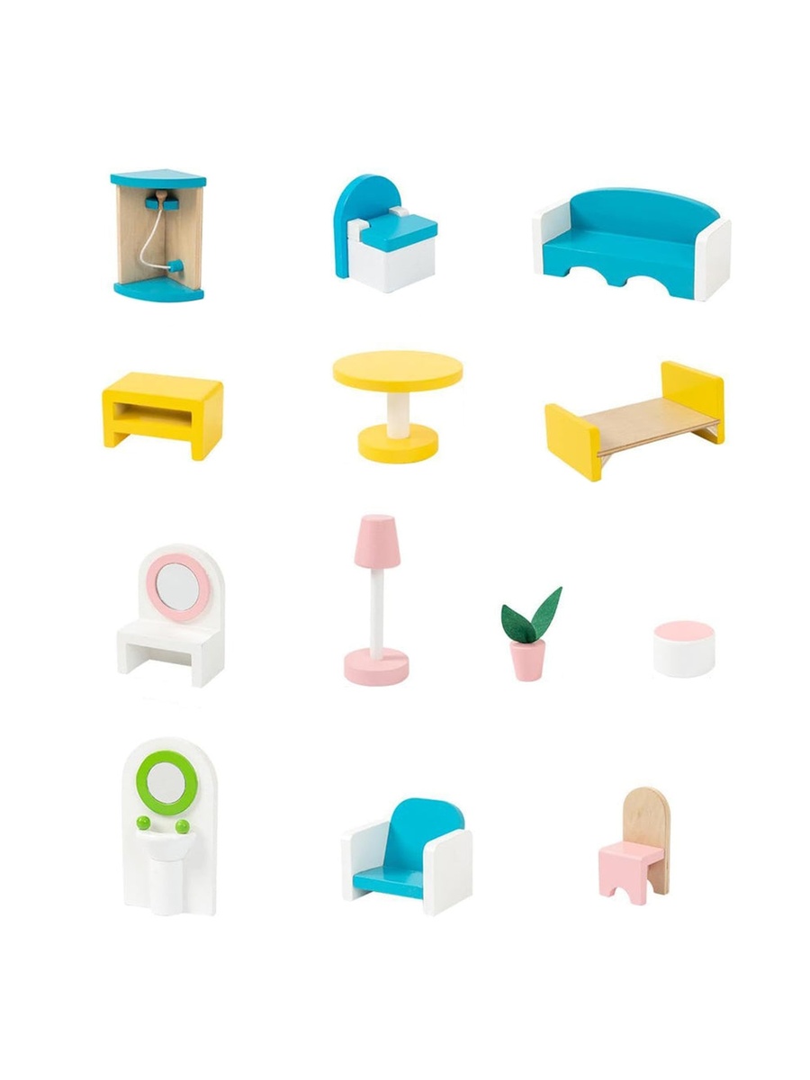 Wooden Dollhouse 3 Floors with Furniture and Accessories - Multicolor