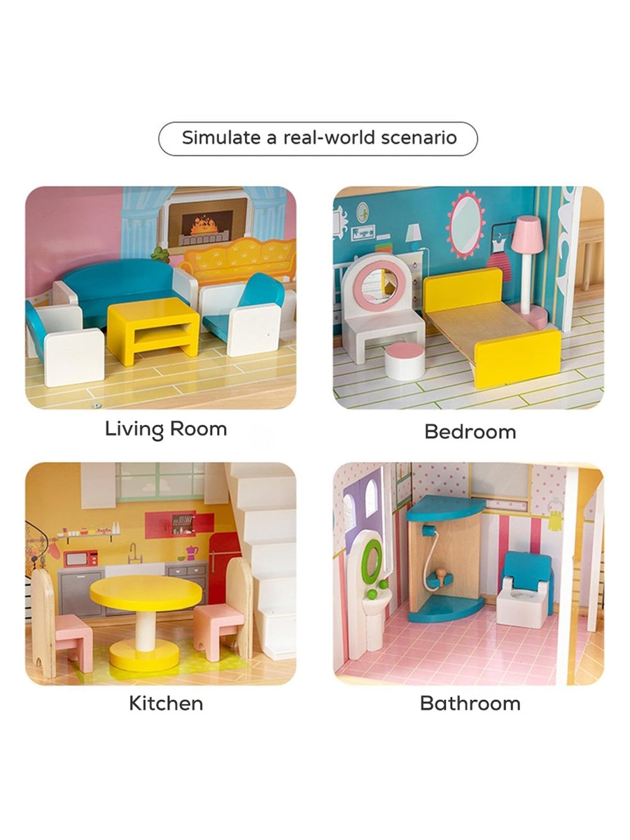 Wooden Dollhouse 3 Floors with Furniture and Accessories - Multicolor