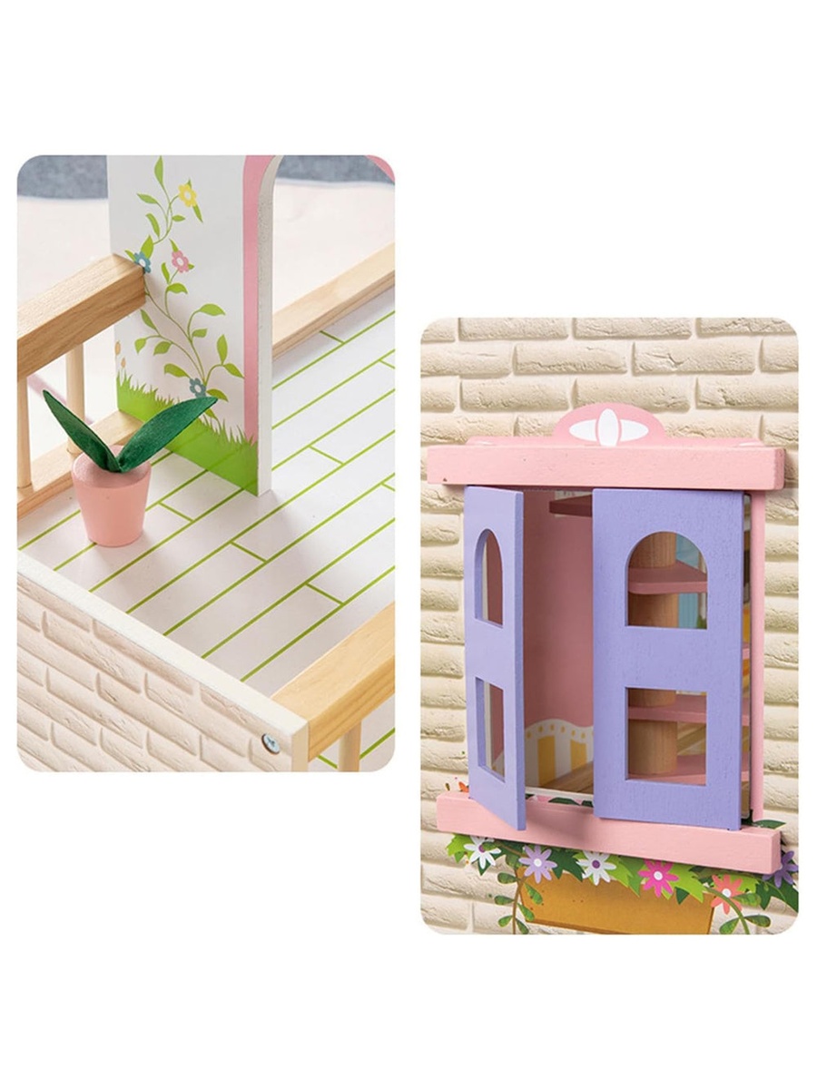 Wooden Dollhouse 3 Floors with Furniture and Accessories - Multicolor