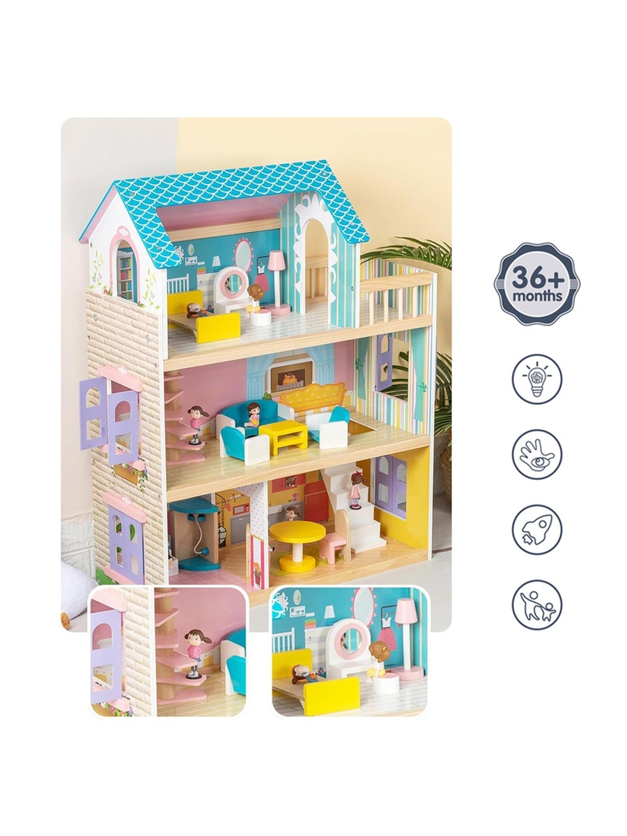 Wooden Dollhouse 3 Floors with Furniture and Accessories - Multicolor