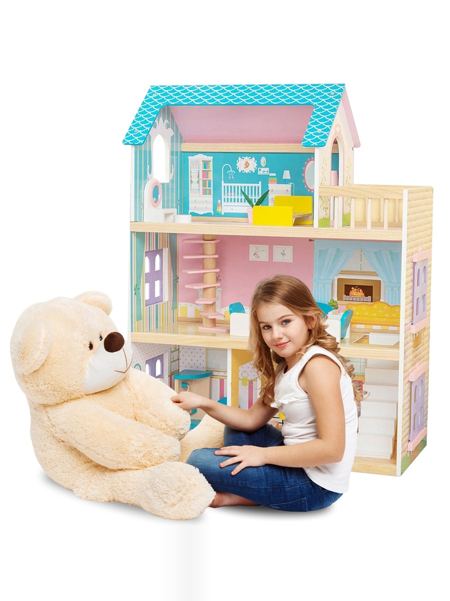 Wooden Dollhouse 3 Floors with Furniture and Accessories - Multicolor