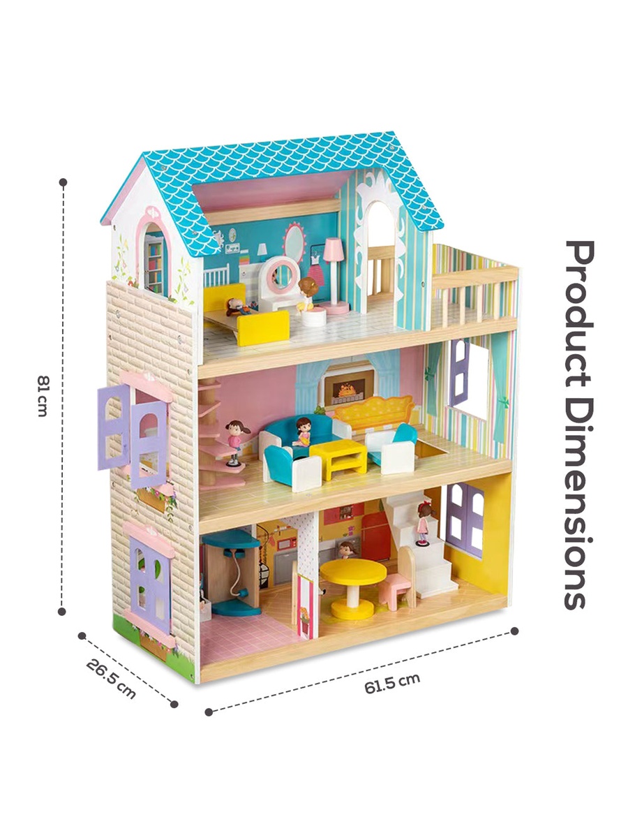 Wooden Dollhouse 3 Floors with Furniture and Accessories - Multicolor