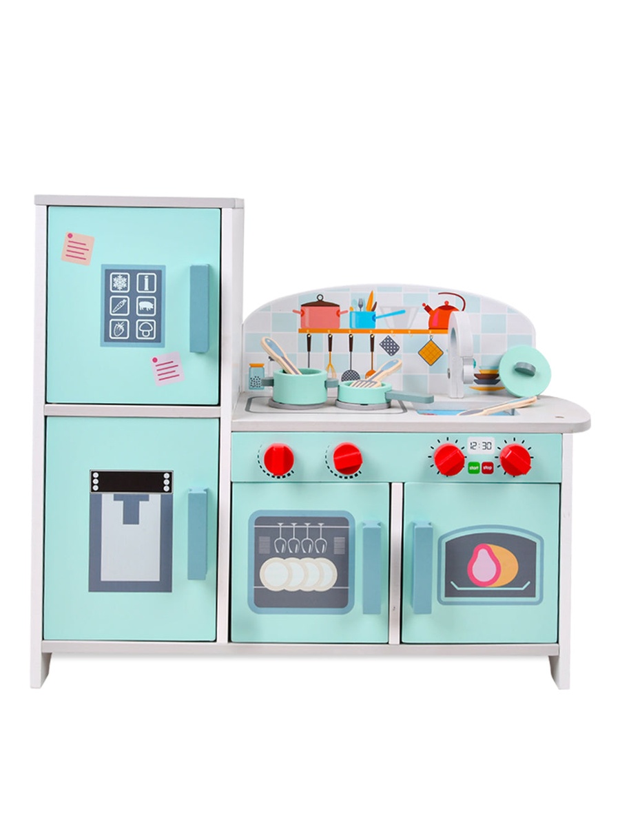 Wooden Kitchen with Refrigerator and Accessories - Teal