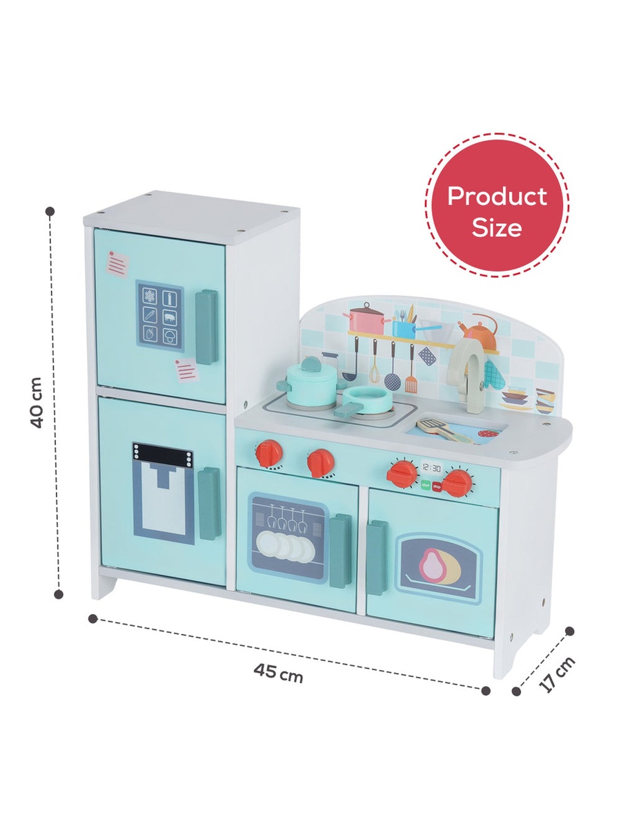 Wooden Kitchen with Refrigerator and Accessories - Teal